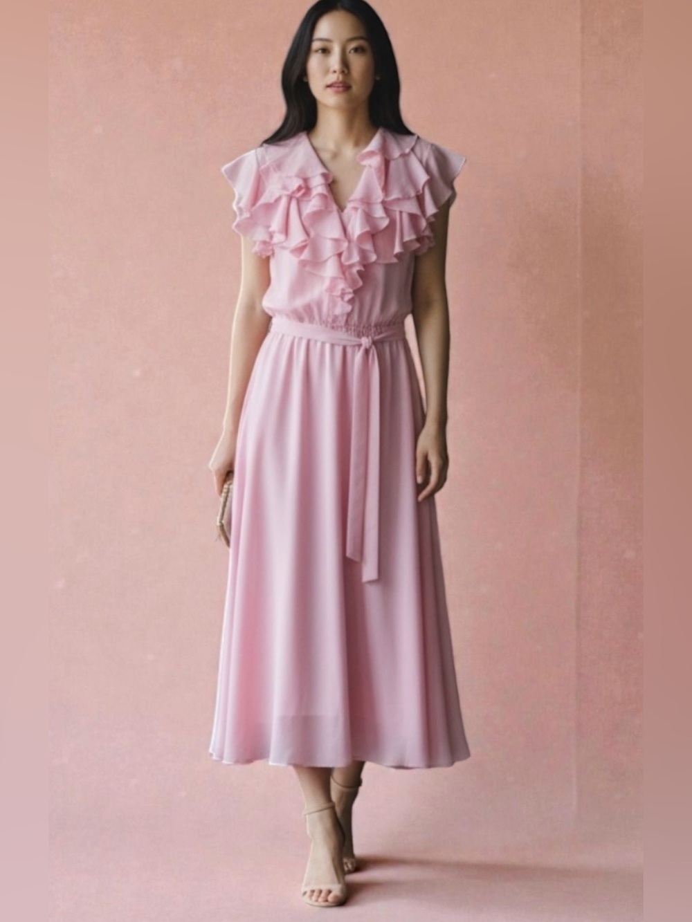 Pink sheer flowy dress, XS-S, Romantic Ruffles, Feminine Whimsy Vintage Vibe